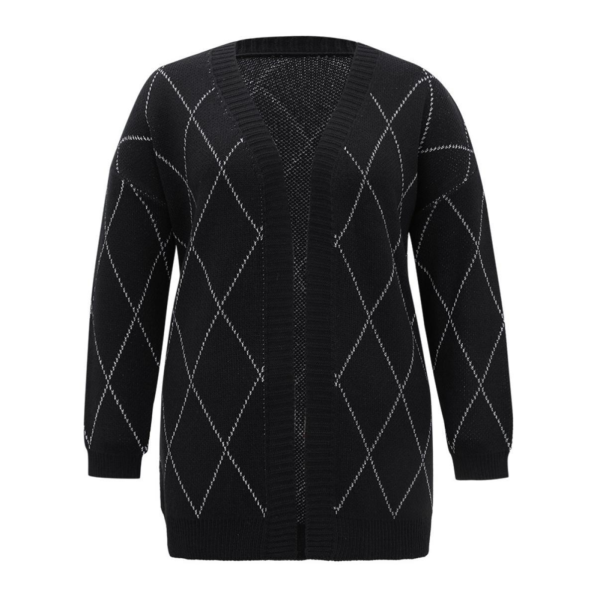 Plus Size Sparkly Plaid Open Front Cardigan Black Women Casual Loose Long Sleeve Dailywear Cardigans BloomChic 12/L Product Image