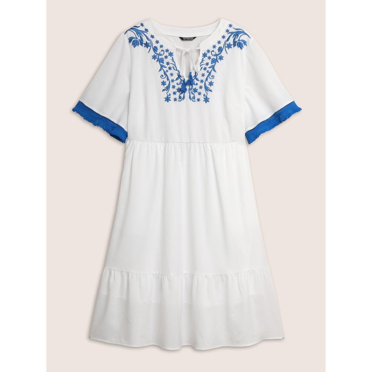 Plus Size Boho Print Embroidered Tassel Trim Midi Dress White Women Elegant Woven ribbon&lace trim Flat collar with V-notch Half Sleeve Curvy BloomChic 26/4X Product Image