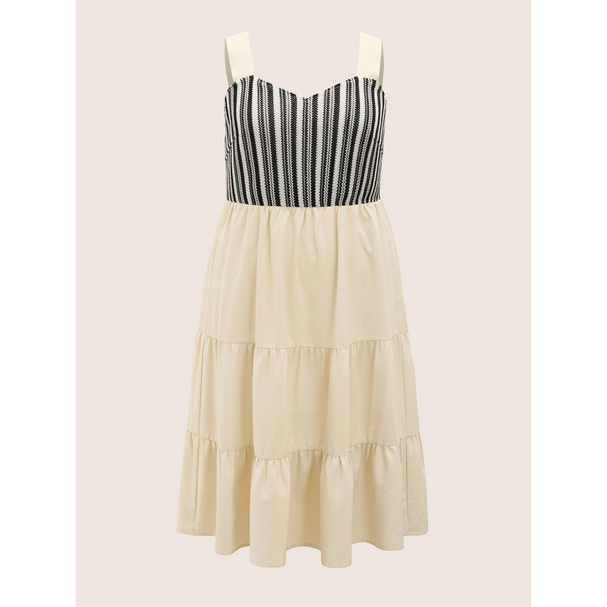 Plus Size Striped Patchwork Ruffle Layered Hem Dress Apricot Women Resort Non V-neck Sleeveless Curvy Midi Dress BloomChic 10/M Product Image
