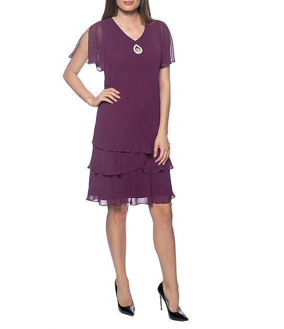 Marina Tiered Chiffon Rhinestone Keyhole V-Neck Flutter Short Sleeve Dress Product Image