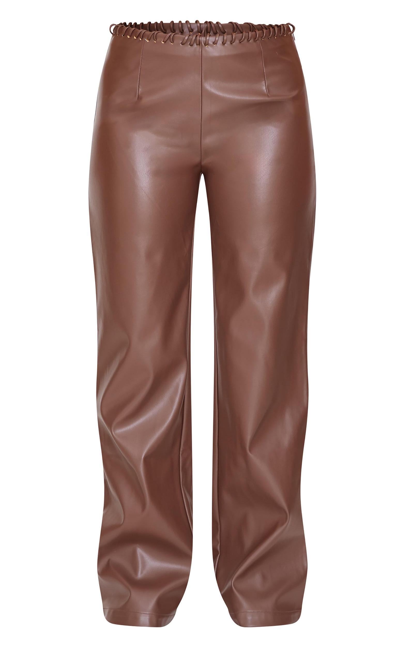 Petite Chocolate Faux Leather Lace Up Straight Leg Pants Product Image