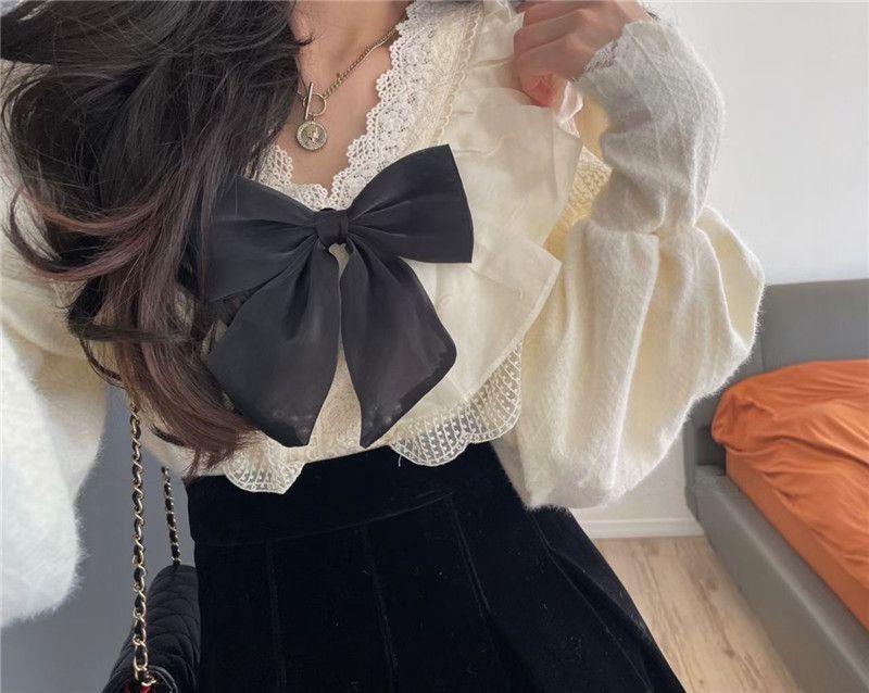 Long-Sleeve Ruffled Bow Blouse / Pleated Mini A-Line Skirt Product Image