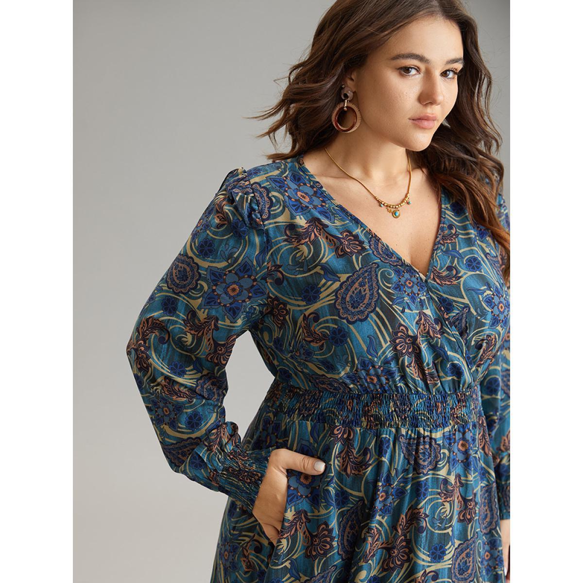 Plus Size Bandana Print Shirred Pocket Frill Trim Dress Aegean Women Vacation Wrap Overlap Collar Long Sleeve Curvy Midi Dress BloomChic 12/L Product Image