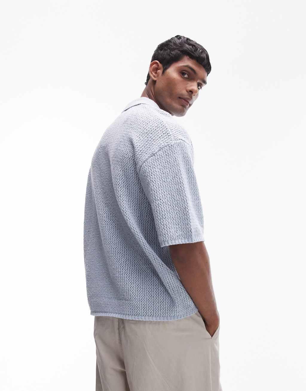 Topman button up crochet shirt in blue Product Image