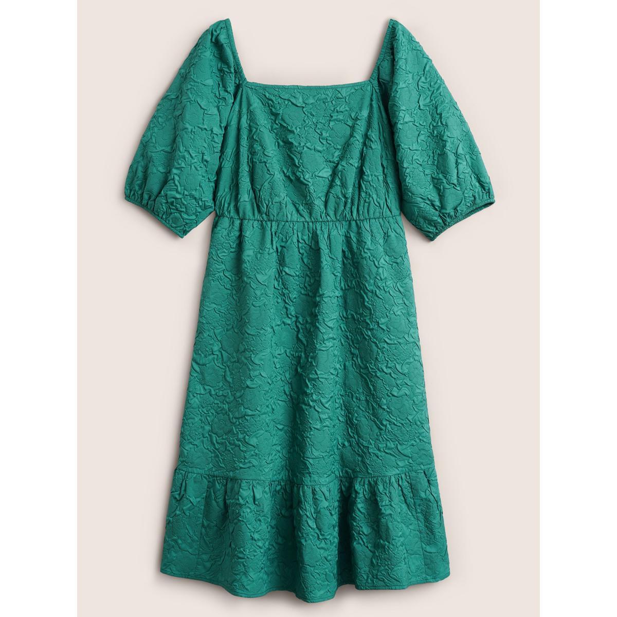 Plus Size Plisse Patchwork Flutter Hem Square Neck Dress Emerald Women Elegant Non Square Neck Half Sleeve Curvy Midi Dress BloomChic 12/L Product Image