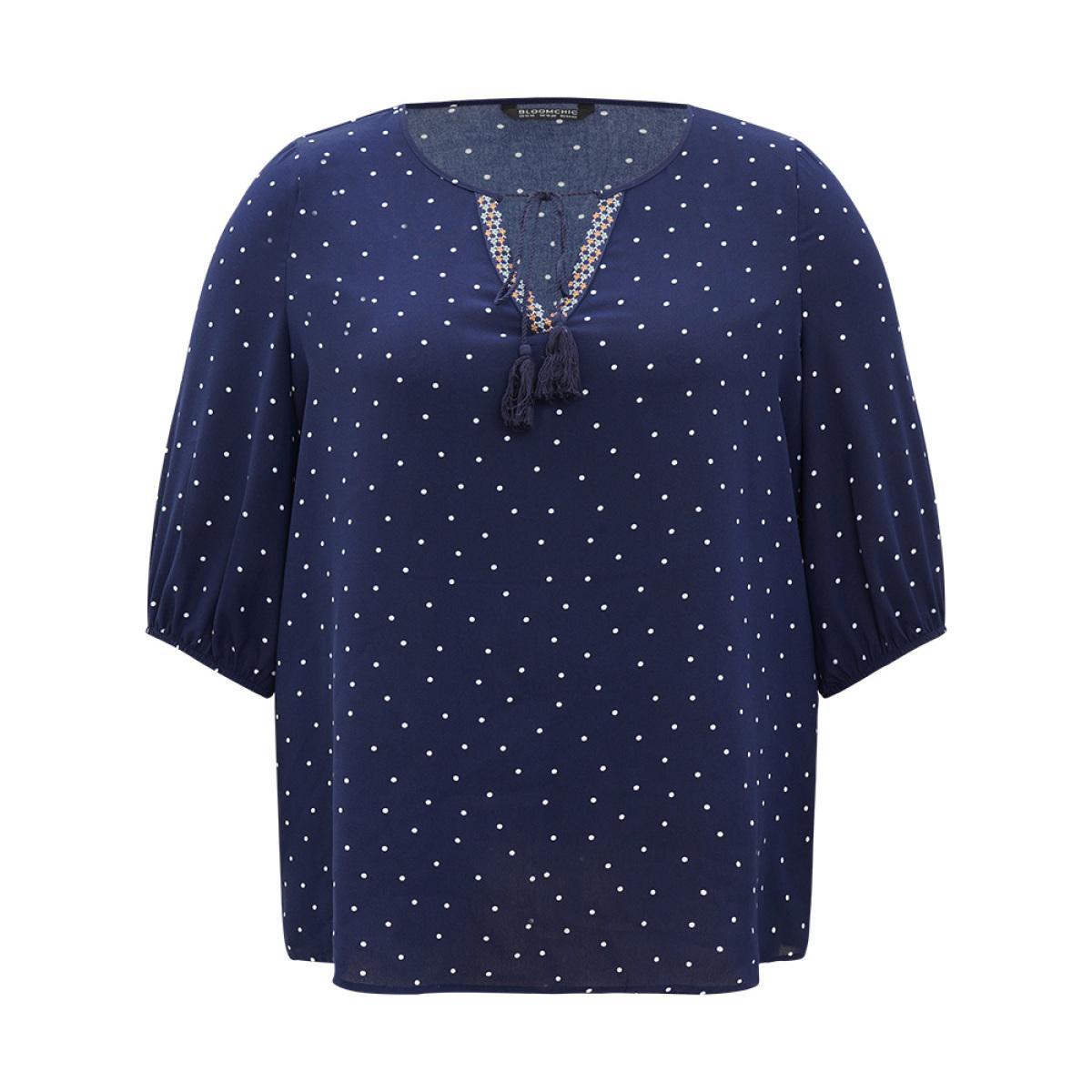Plus Size Indigo Polka Dot Tassels Ties Elastic Cuffs Blouse Women Vacation Elbow-length sleeve V-neck Vacation Blouses BloomChic 12/L Product Image