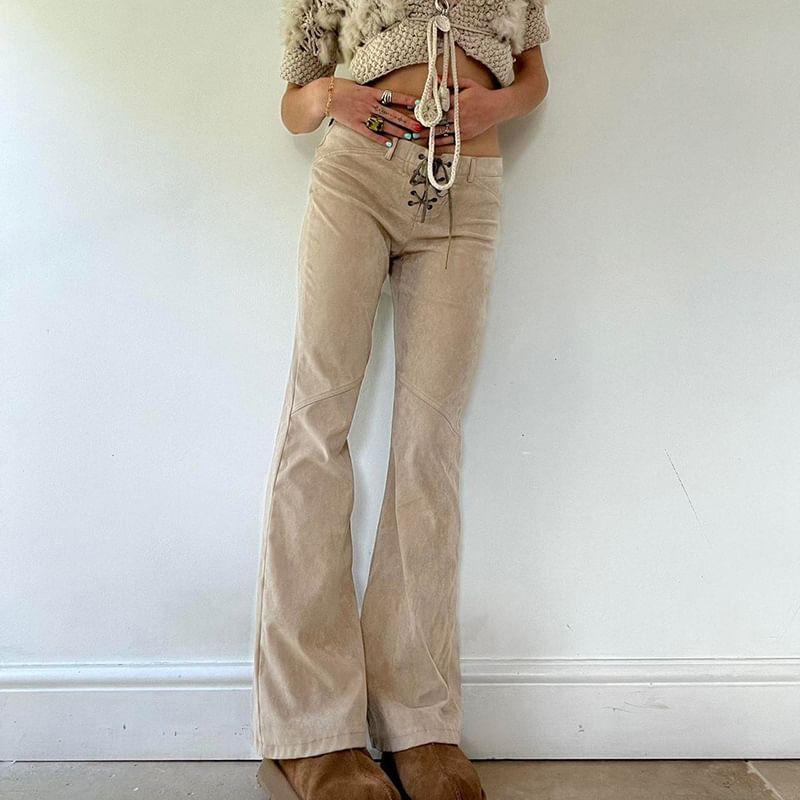 Low Waist Plain Suede Slim-Fit Boot-Cut Pants Product Image