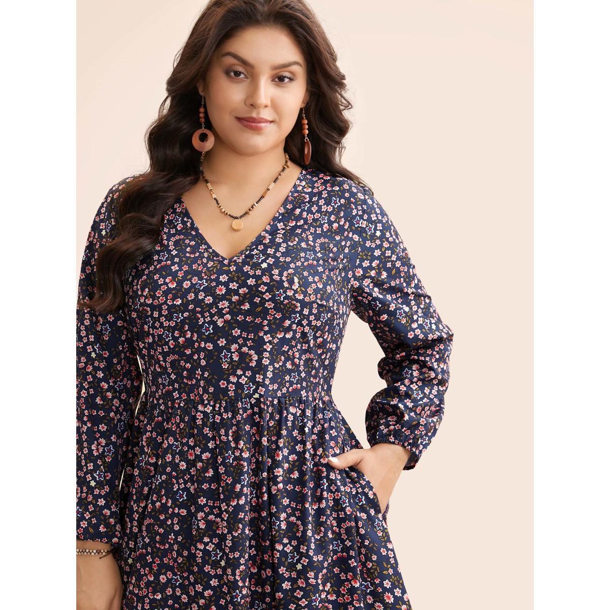 Plus Size Boho Print Lantern Sleeve Midi Dress DarkBlue Women Resort Non V-neck Long Sleeve Curvy BloomChic 30/6X Product Image