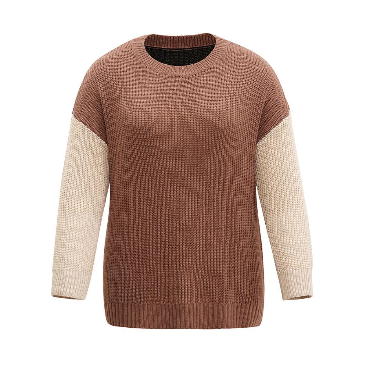Plus Size Patchwork Colorblock Contrast Drop Shoulder Pullover Multicolor Women Casual Loose Long Sleeve Round Neck Dailywear Pullovers BloomChic 22-24/3X Product Image