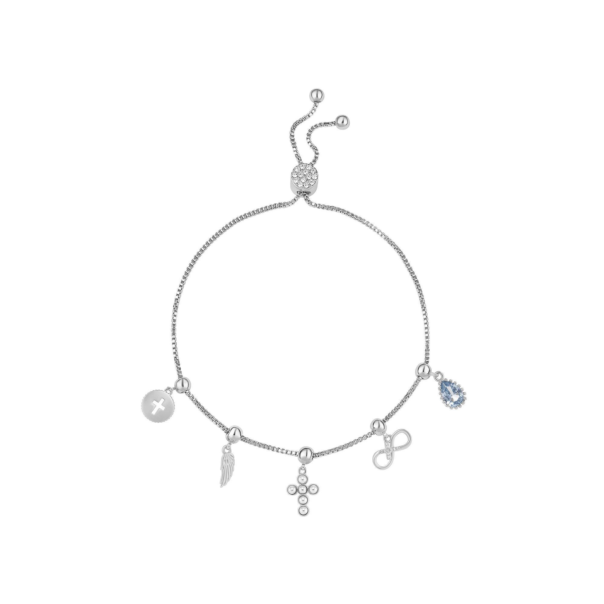 Brilliance Fine Silver Plated Cubic Zirconia Adjustable Charm Bracelet, Women's, Silver Tone Aqua Product Image