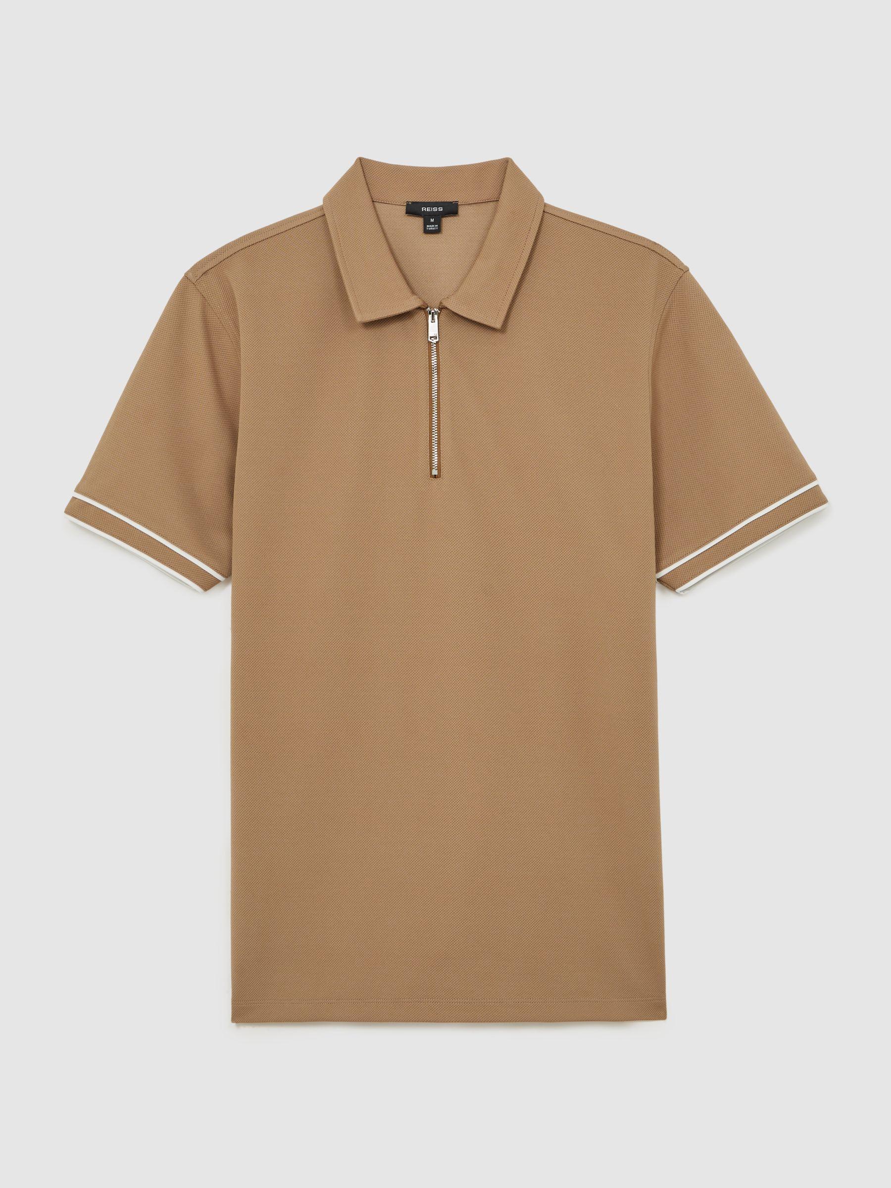 Textured Half-Zip Tipped Polo Shirt in Camel Product Image