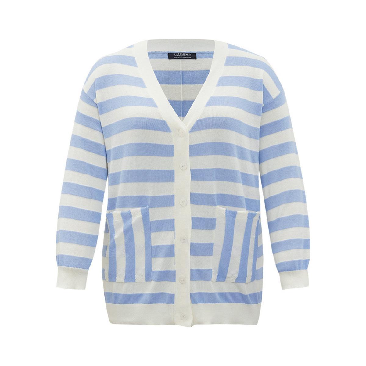 Plus Size Striped Button Down Patched Pocket Cardigan LightBlue Women Casual Loose Long Sleeve Everyday Cardigans BloomChic 18-20/2X Product Image
