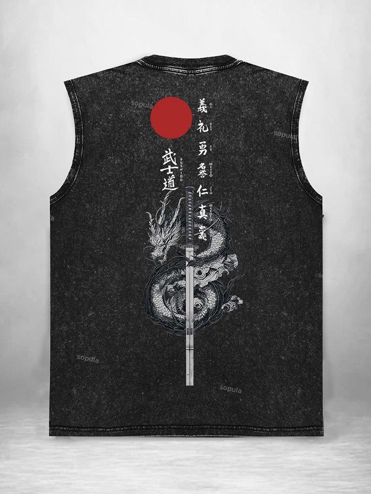 Vintage Japanese Bushido Samurai Art Graphic Acid Washed Tank Tops Product Image