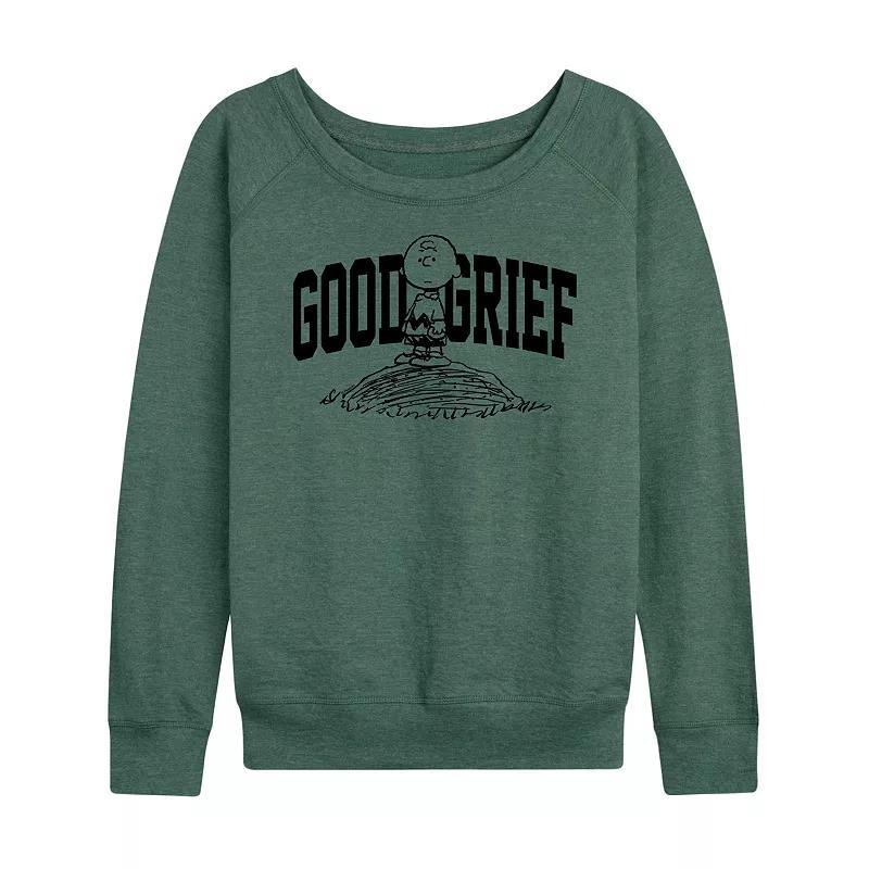 Womens Peanuts Charlie Brown Good Grief Athletic French Terry Long Sleeve Tee, Girls Grey Juniper Green Product Image