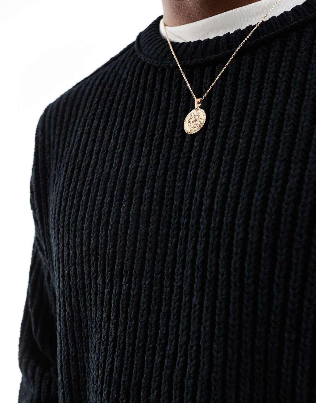 ASOS DESIGN relaxed chenille crew neck rib knit sweater in black Product Image