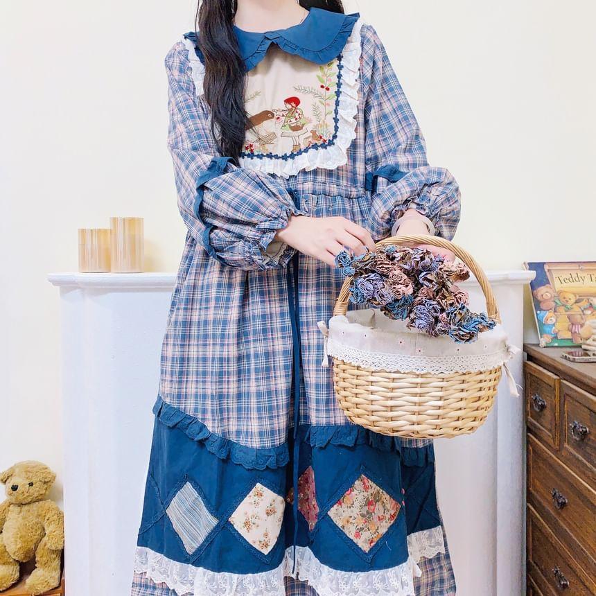 Long-Sleeve Collar Plaid Embroidered Patchwork Midi A-Line Dress Product Image