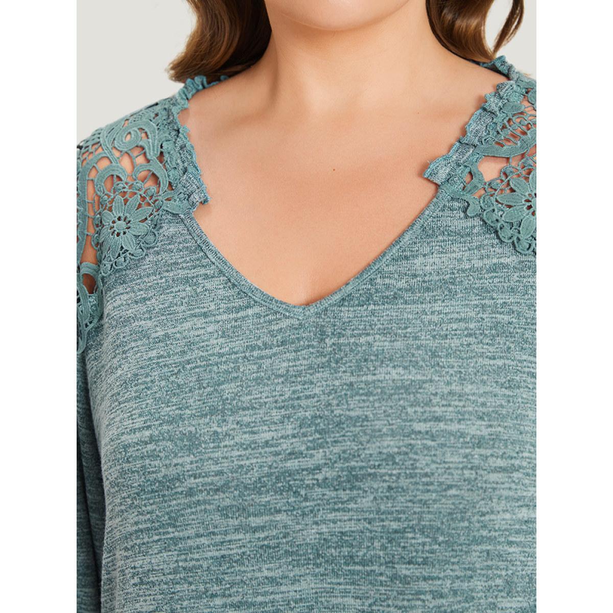 Plus Size Lace Insert Curved Hem Lantern Sleeve Sweatshirt Women Cyan Elegant Elastic cuffs V-neck Dailywear Sweatshirts BloomChic 18-20/2X Product Image