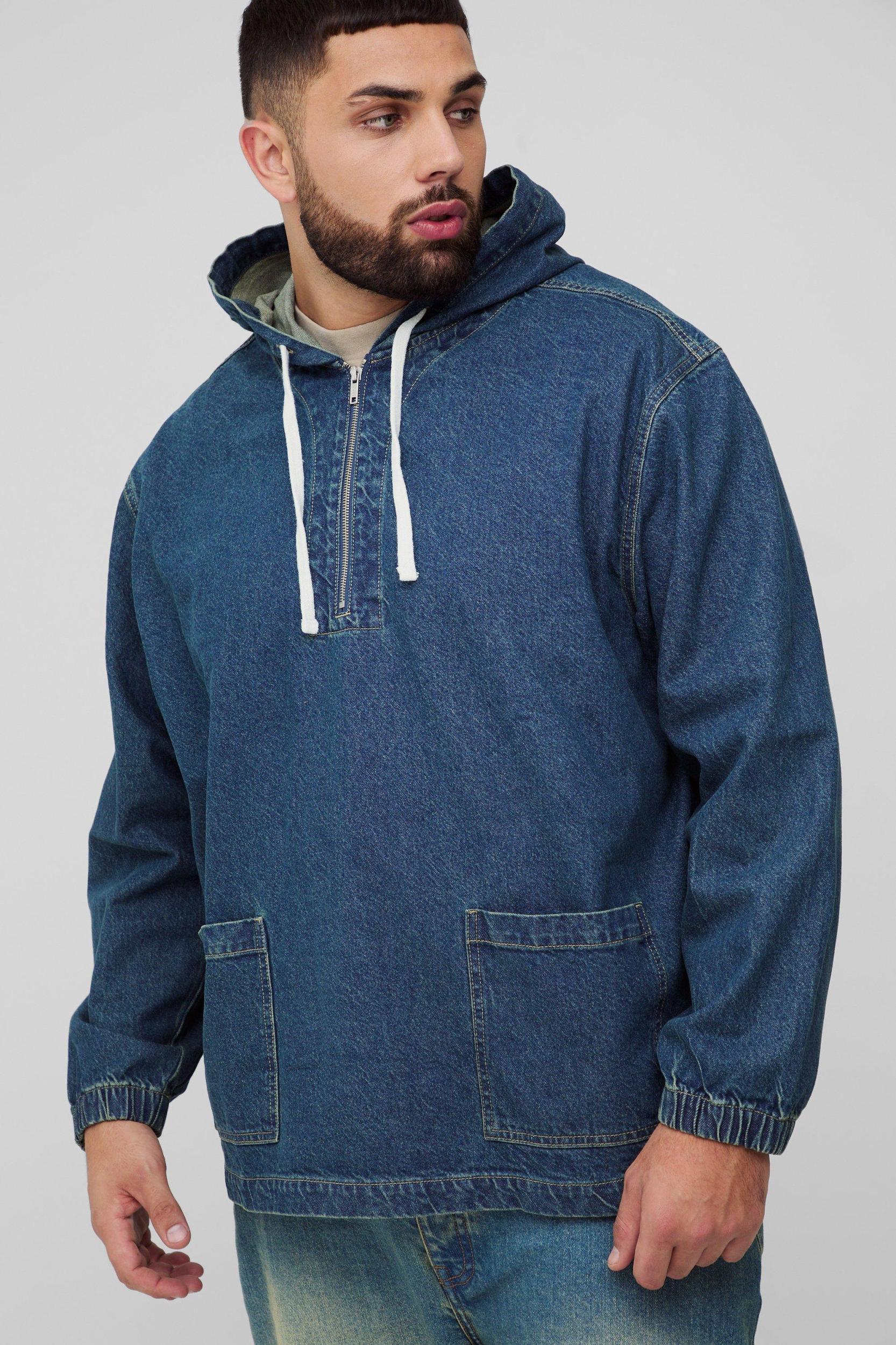Plus Extended Drawcord Denim Hoodie | boohooMAN USA Product Image