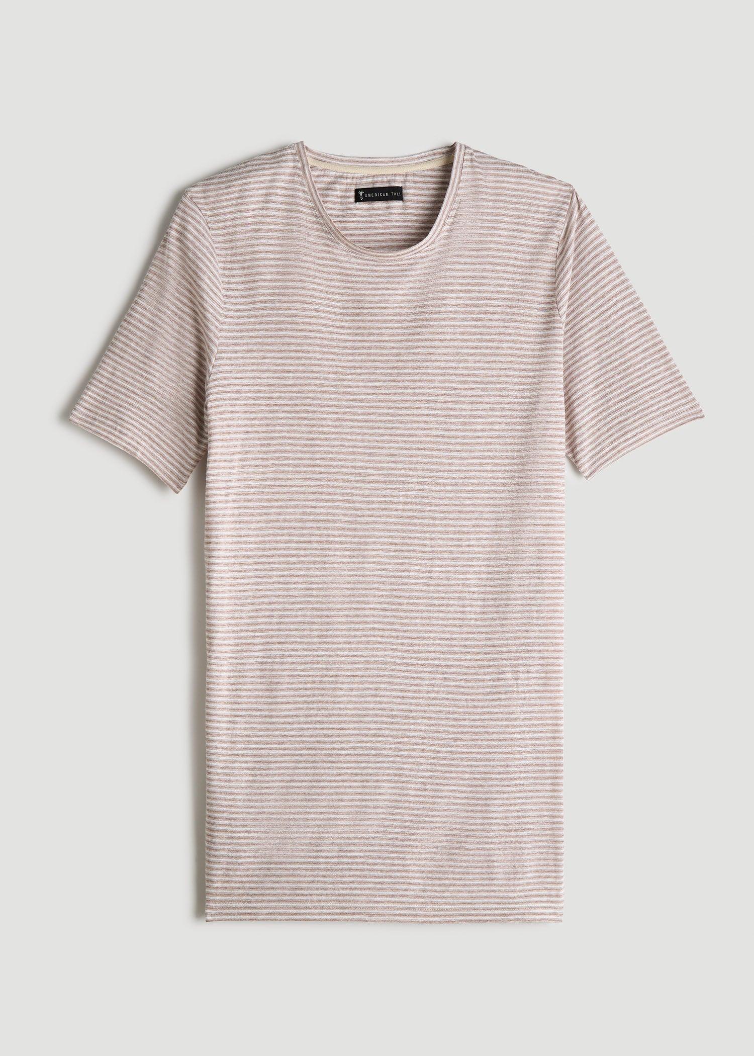 Linen Crewneck T-Shirt for Tall Men in Beige and White Stripe Product Image