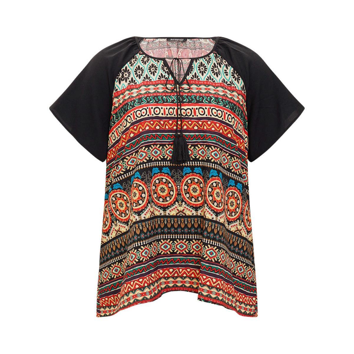 Plus Size Multicolor Moroccan Print Raglan Sleeve Tassels Tie Neck Blouse Women Vacation Short sleeve Tie Neck Dailywear Blouses BloomChic 22-24/3X Product Image