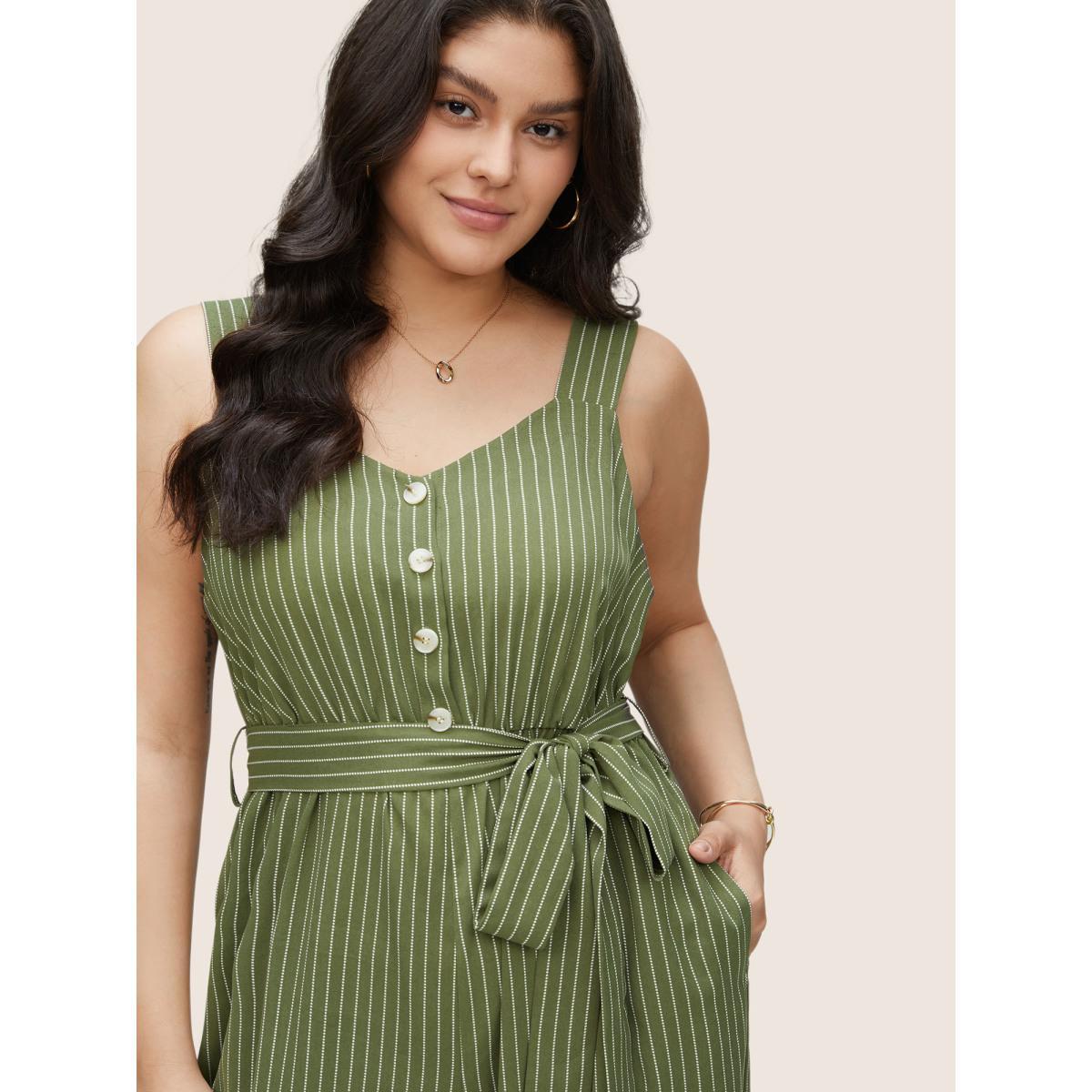 Plus Size Moss Striped Belted Elastic Waist Adjustable Straps Jumpsuit Women Casual Sleeveless Non Everyday Loose Jumpsuits BloomChic 14-16/1X Product Image