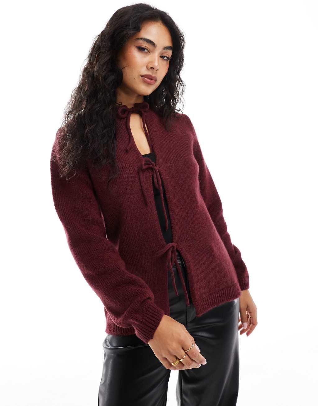 ASOS DESIGN knit oversized tie front cardigan in burgundy Product Image