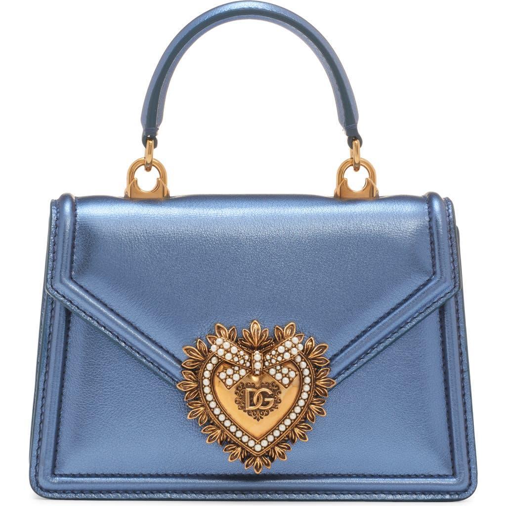 DOLCE & GABBANA Devotion Mini Metallic Leather Top-handle Bag In Blue Product Image