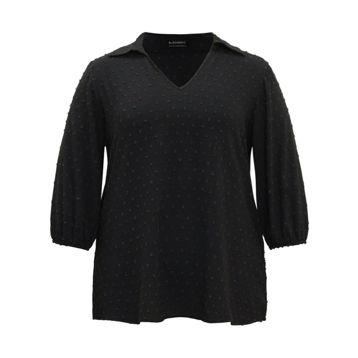 Plus Size Black Plisse Polka Dot Elastic Cuffs Blouse Women Office Elbow-length sleeve Shirt collar Work Blouses BloomChic 18-20/2X Product Image