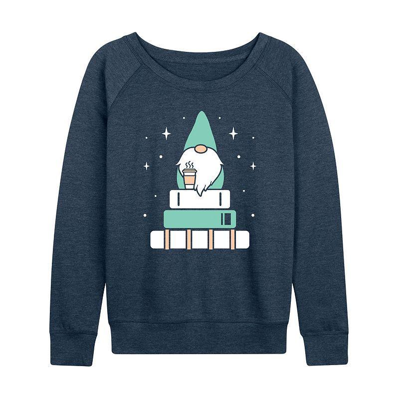 Womens Gnome with Coffee and Books French Terry Long Sleeve Tee Grey Indigo Product Image