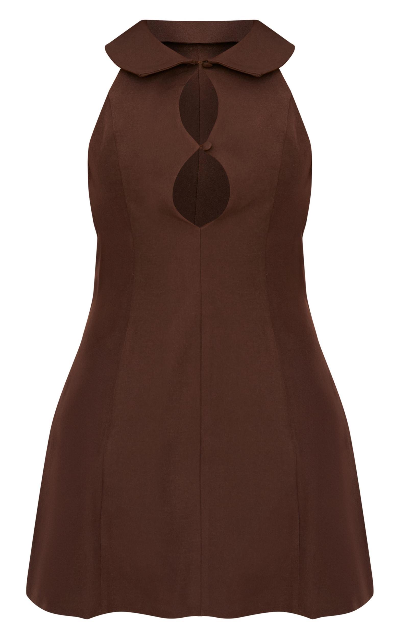 Chocolate Woven Collar Keyhole Detail Shift Dress Product Image
