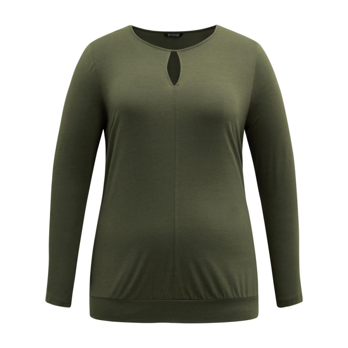 Plus Size Plain Cut Out Round Neck Knit T-shirt ArmyGreen Women Elegant Cut-Out Plain Round Neck Dailywear T-shirts BloomChic 18-20/2X Product Image