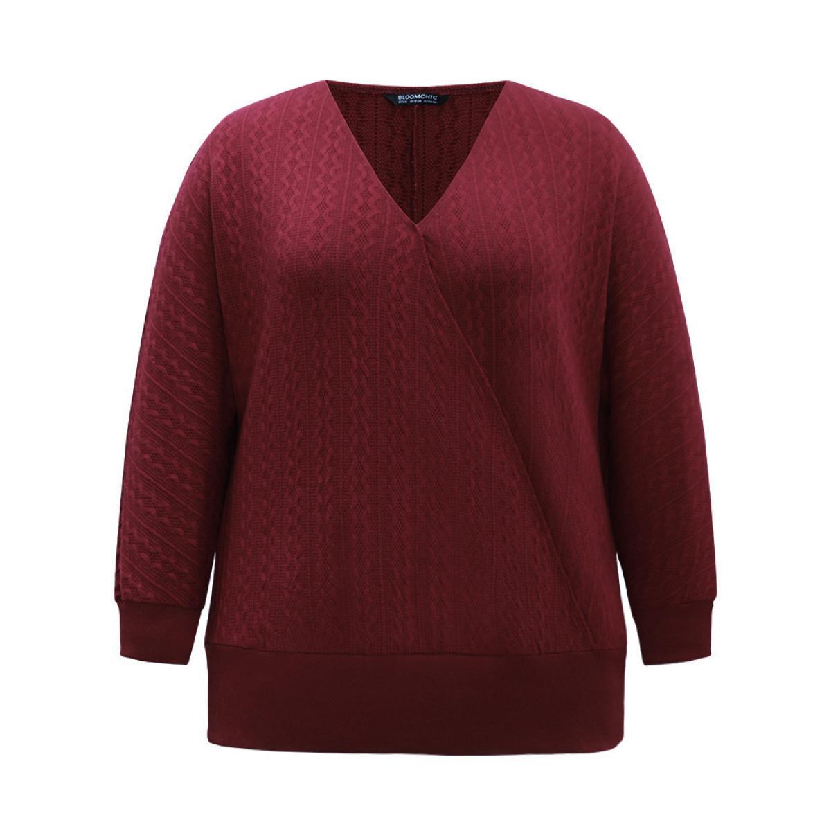 Plus Size Solid Rib Knit V Neck Sweatshirt Women Burgundy Casual Rib Knit V-neck Dailywear Sweatshirts BloomChic 26/4X Product Image