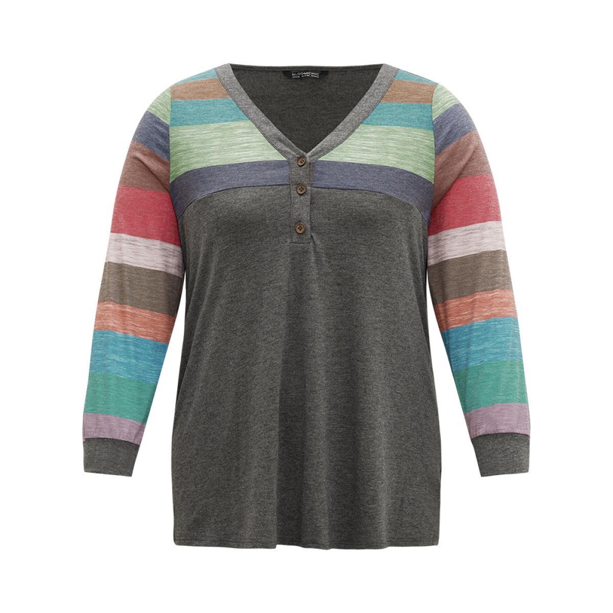 Plus Size Colorblock Contrast V Neck Button Up T-shirt Multicolor Women Casual Elastic cuffs Striped V-neck Everyday T-shirts BloomChic 12/L Product Image