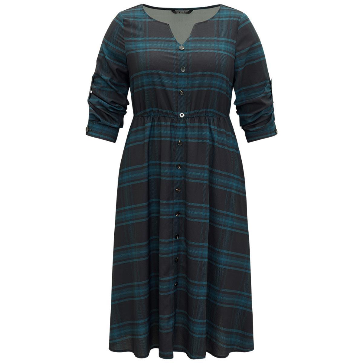 Plus Size Plaid Button Detail Notched Tab Sleeve Dress Indigo Women Casual Printed Notched collar Long Sleeve Curvy Midi Dress BloomChic 14-16/1X Product Image
