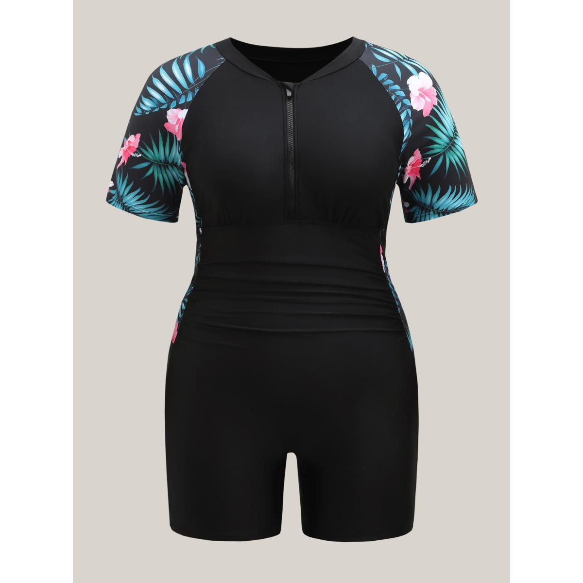 Plus Size Glide Lock Zipper Pockets One-Piece Swimsuit Women's Swimwear Black Beach Gathered Curve Bathing Suits High stretch One Pieces BloomChic 26/4X Product Image
