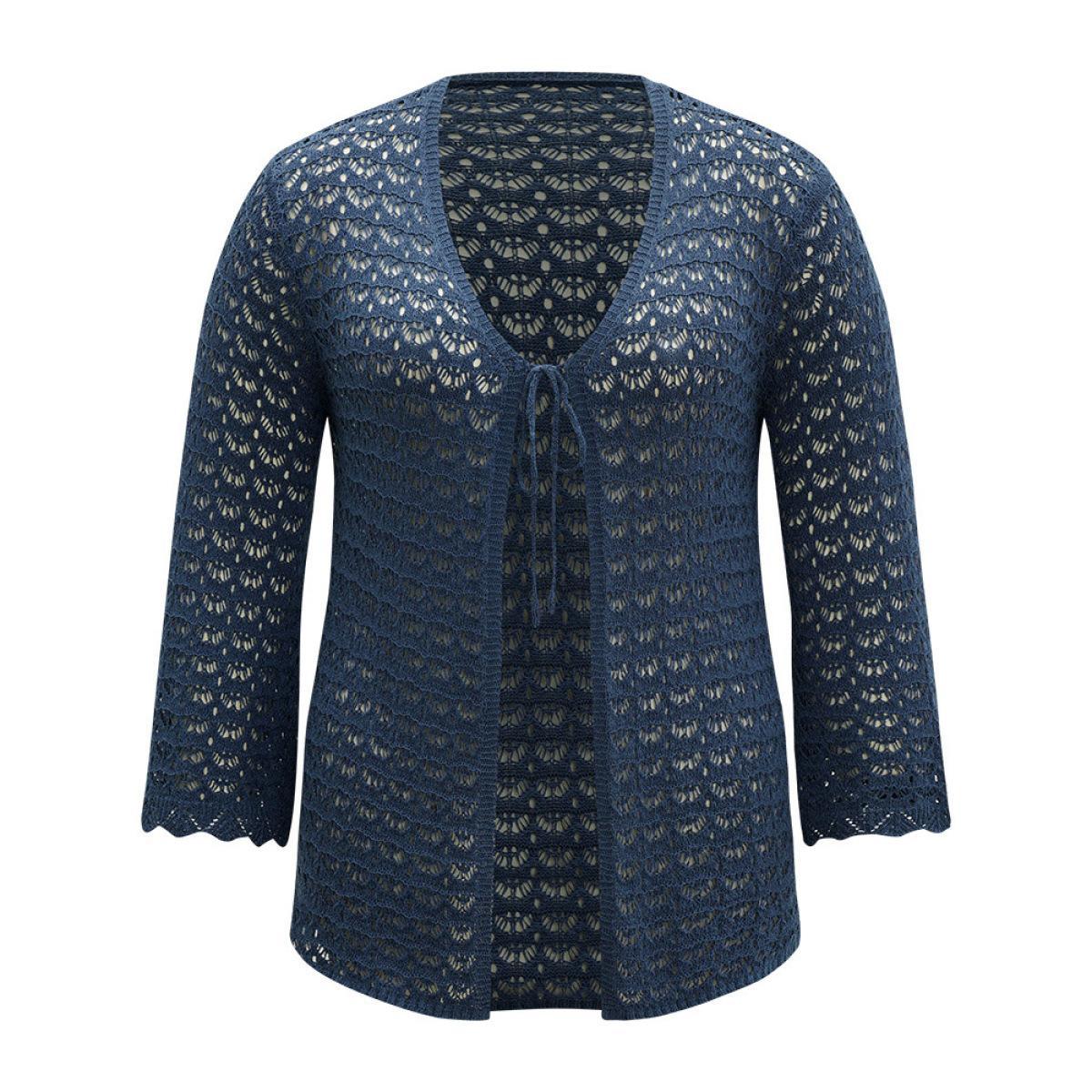 Plus Size Solid Eyelet Ties Front Bell Sleeve Cardigan Indigo Women Casual Loose Long Sleeve Dailywear Cardigans BloomChic 26/4X Product Image