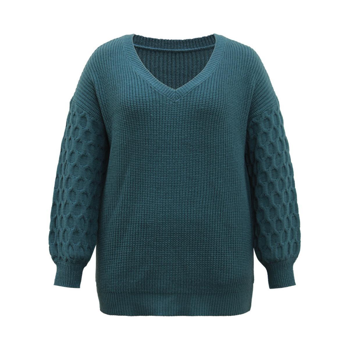 Plus Size Solid Cable Knit V Neck Drop Shoulder Pullover Teal Women Casual Long Sleeve V-neck Everyday Pullovers BloomChic 14-16/1X Product Image