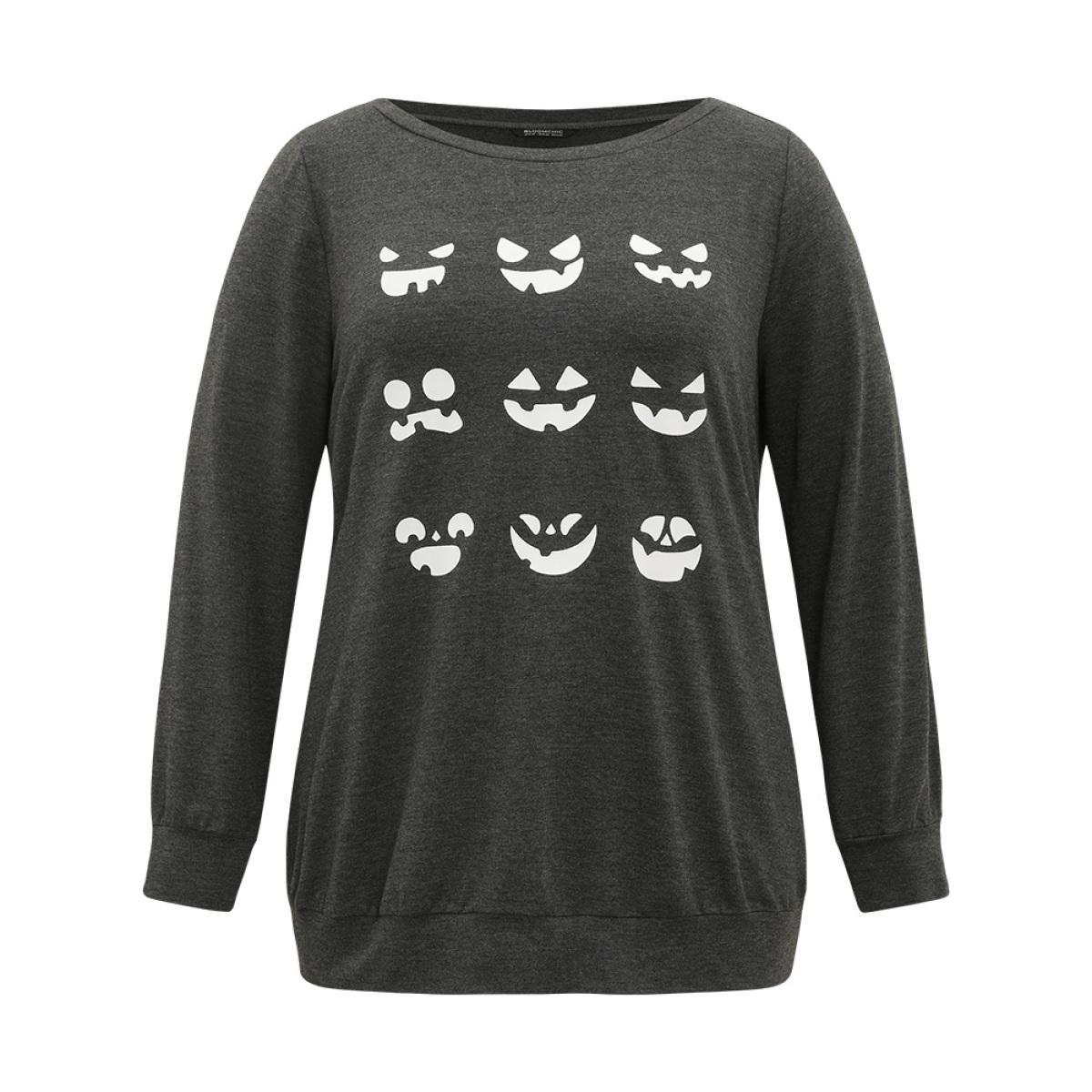 Plus Size Round Neck Halloween Print Sweatshirt Women DimGray Casual Printed Festival-Halloween Sweatshirts BloomChic 18-20/2X Product Image