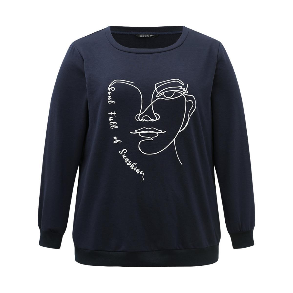 Plus Size Art Figure Elastic Cuffs Crew Neck Sweatshirt Women Indigo Casual Elastic cuffs Dailywear Sweatshirts BloomChic 26/4X Product Image
