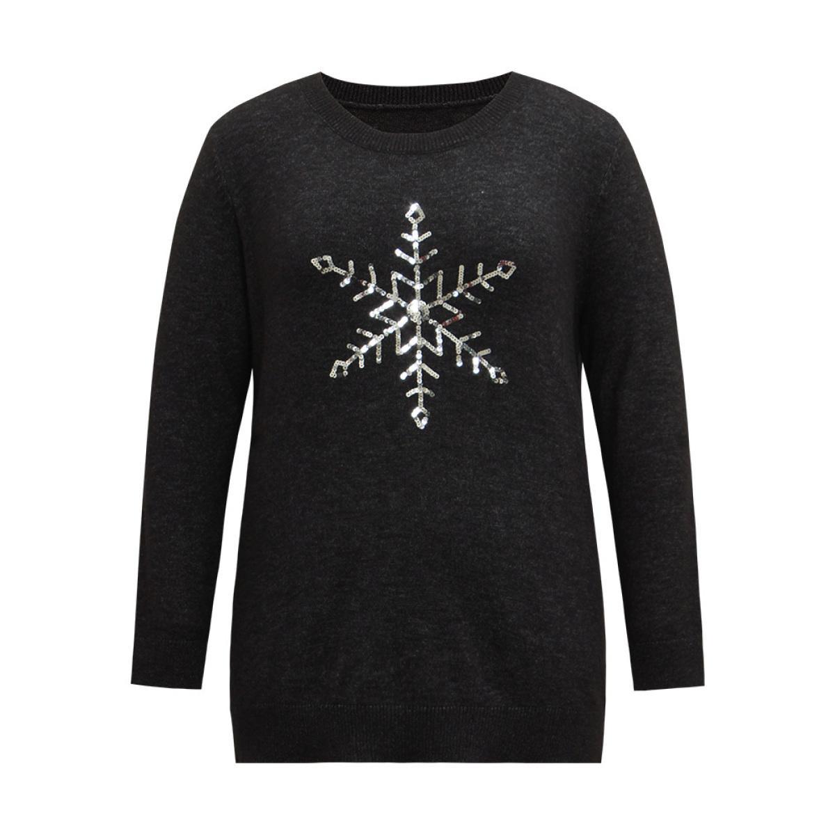Plus Size Anti-Pilling Sequin Snowflake Round Neck Pullover Black Women Casual Loose Long Sleeve Round Neck Festival-Christmas Pullovers BloomChic 12/L Product Image