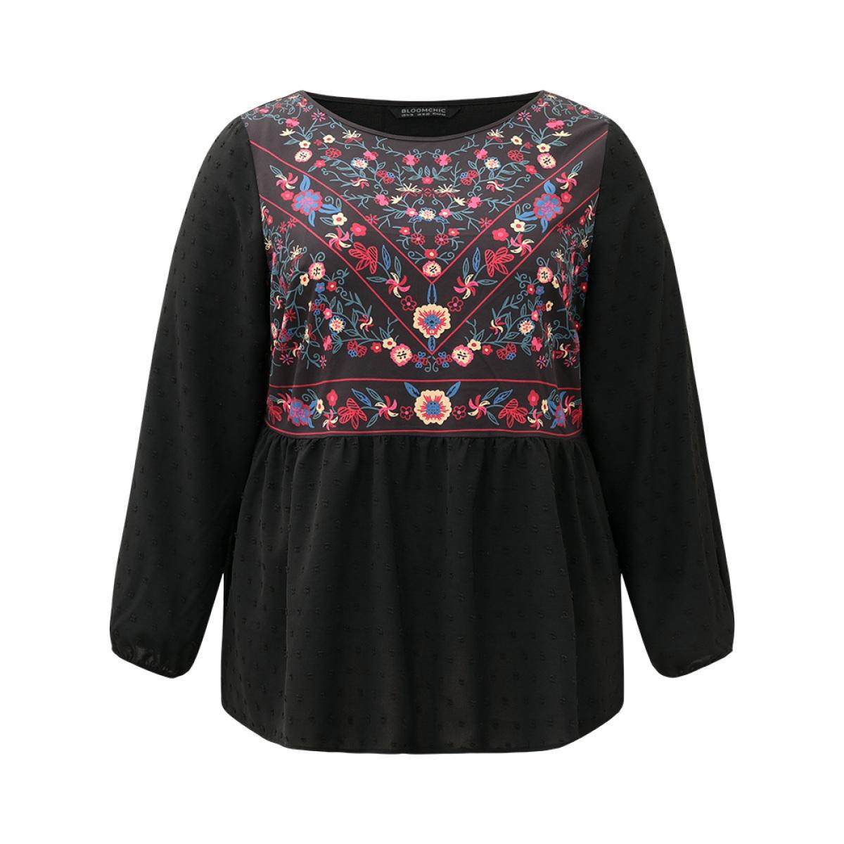Plus Size Black Boho Print Patchwork Lantern Sleeve Gathered Blouse Women Vacation Long Sleeve Round Neck Dailywear Blouses BloomChic 10/M Product Image