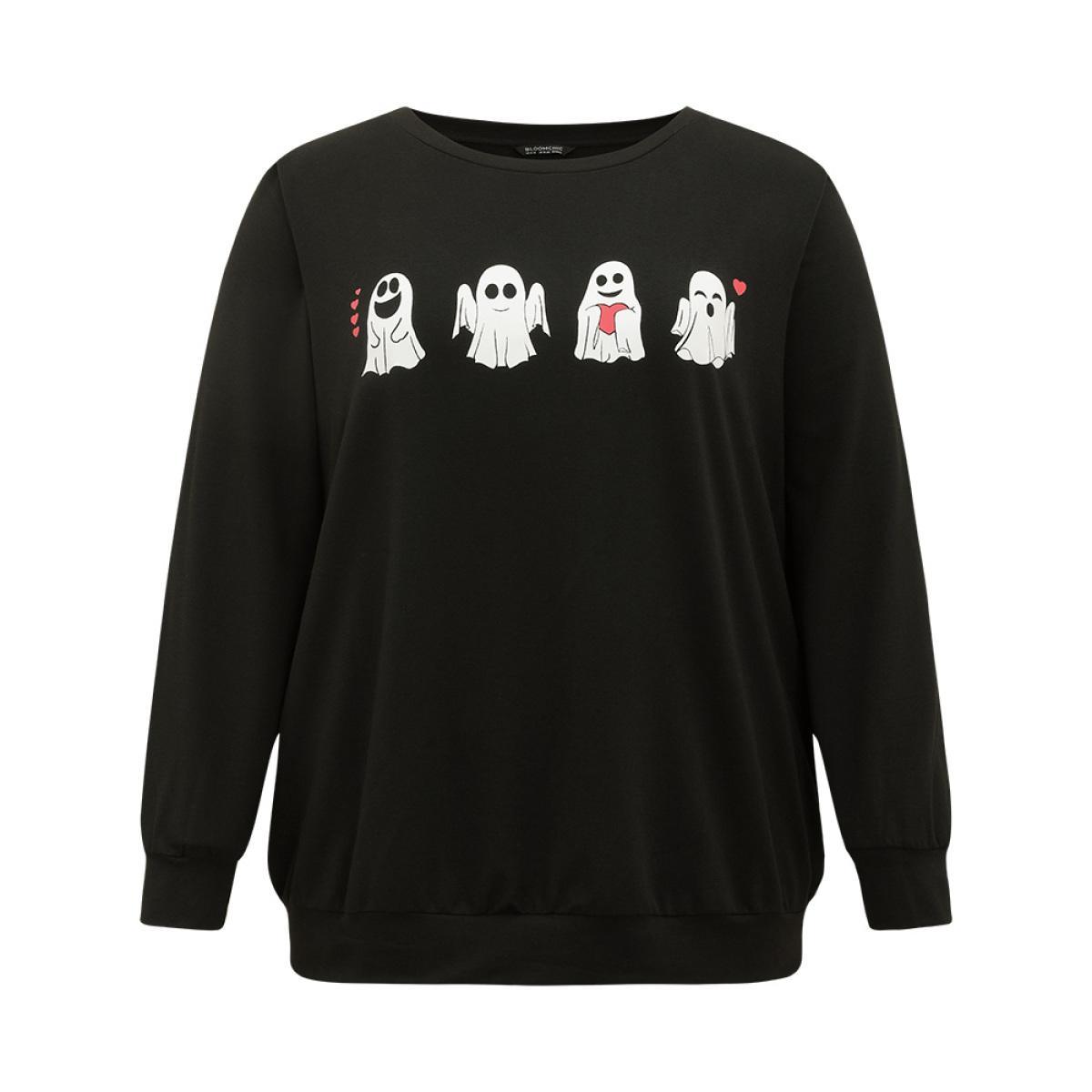 Plus Size Halloween Print Crew Neck Sweatshirt Women Black Casual Printed Festival-Halloween Sweatshirts BloomChic 14-16/1X Product Image
