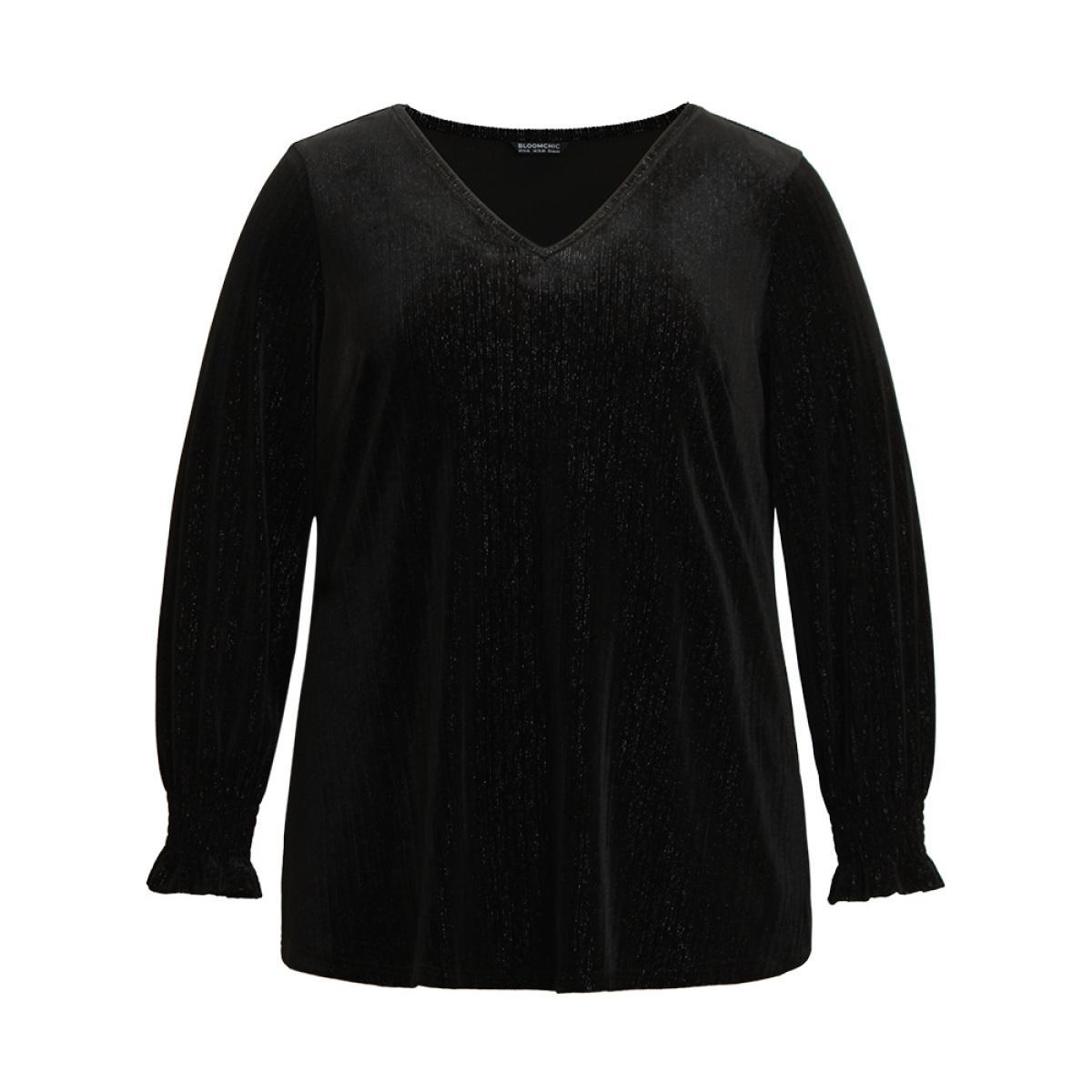Plus Size Black Solid Velvet Glitter Shirred Ruffles Blouse Women Glamour Long Sleeve V-neck Going out Blouses BloomChic 18-20/2X Product Image