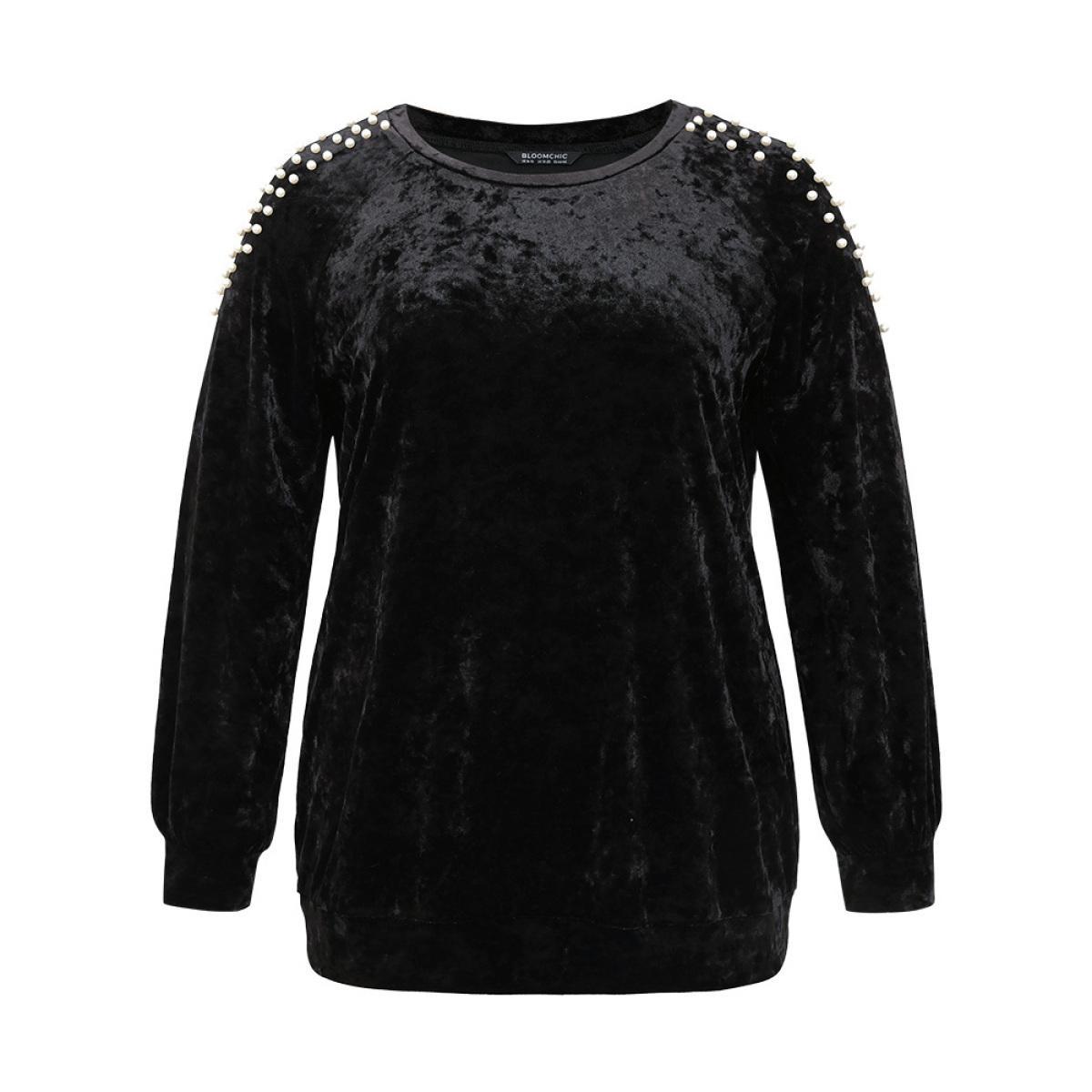 Plus Size Solid Velvet Pearl Beaded Raglan Sleeve Sweatshirt Women Black Elegant Elastic cuffs Round Neck Dailywear Sweatshirts BloomChic 14-16/1X Product Image