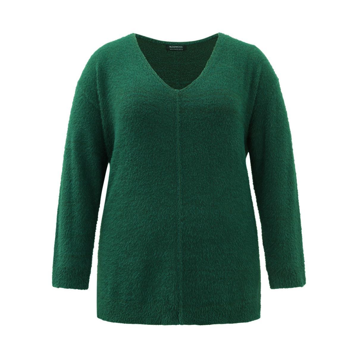 Plus Size Fuzzy Solid Split Side Patchwork Pullover DarkGreen Women Casual Loose Long Sleeve V-neck Dailywear Pullovers BloomChic 18-20/2X Product Image