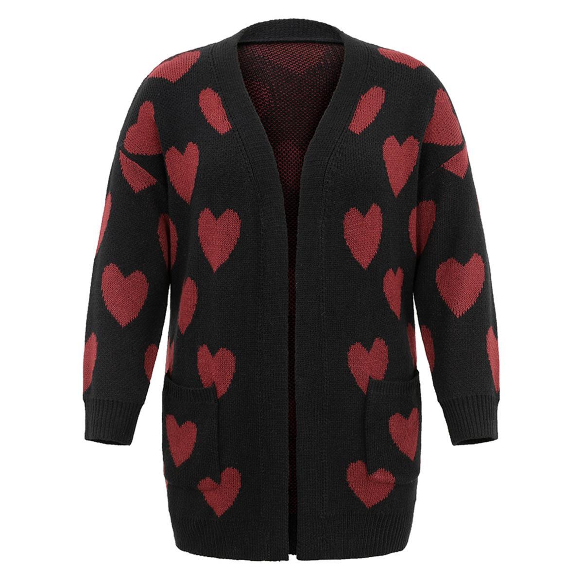 Plus Size Heart Geometric Contrast Pocket Cardigan Black Women Casual Long Sleeve Everyday Cardigans BloomChic 10/M Product Image