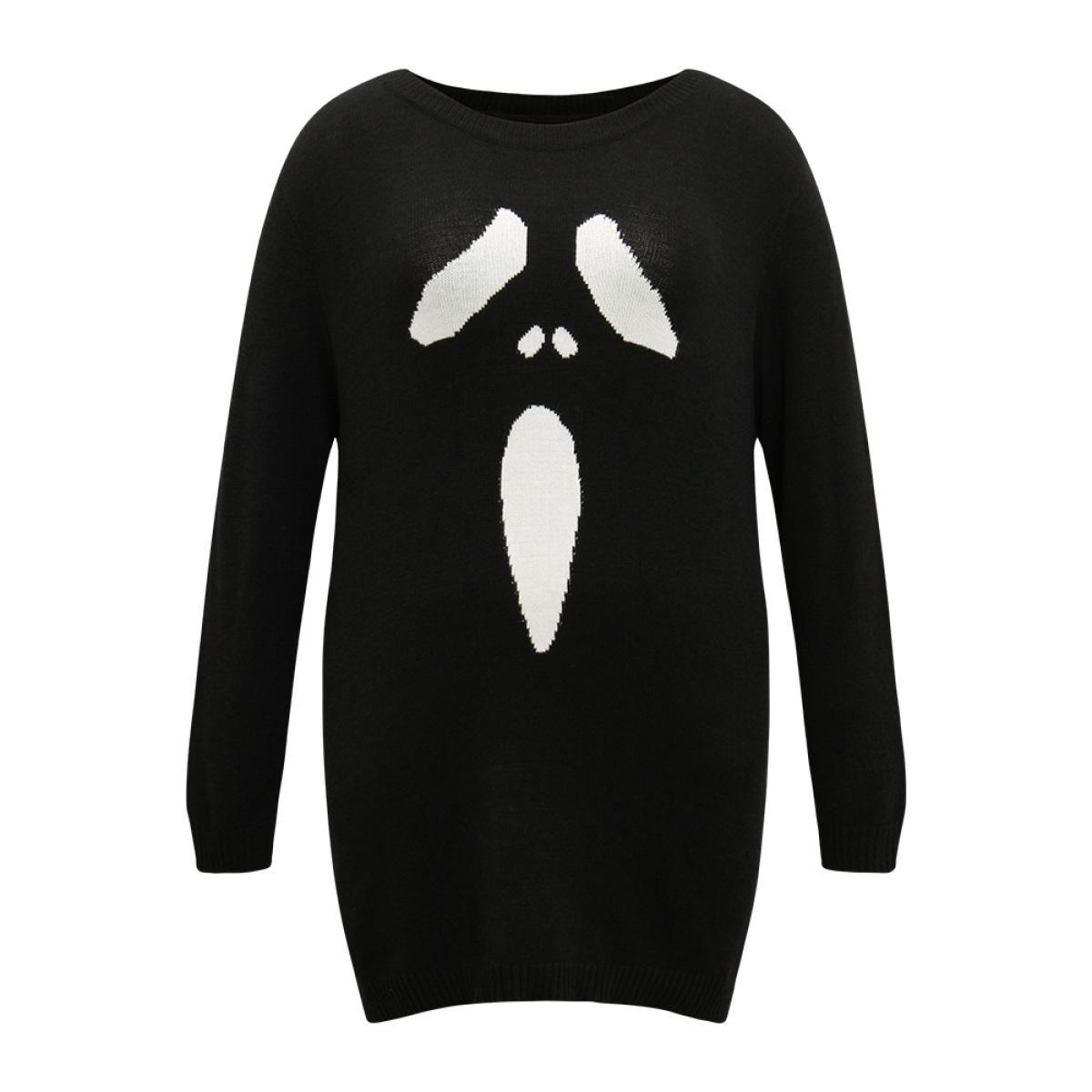 Plus Size Supersoft Essentials Halloween Ghost Face Print Pullover Black Women Casual Loose Long Sleeve Round Neck Festival-Halloween Pullovers BloomChic 22-24/3X Product Image