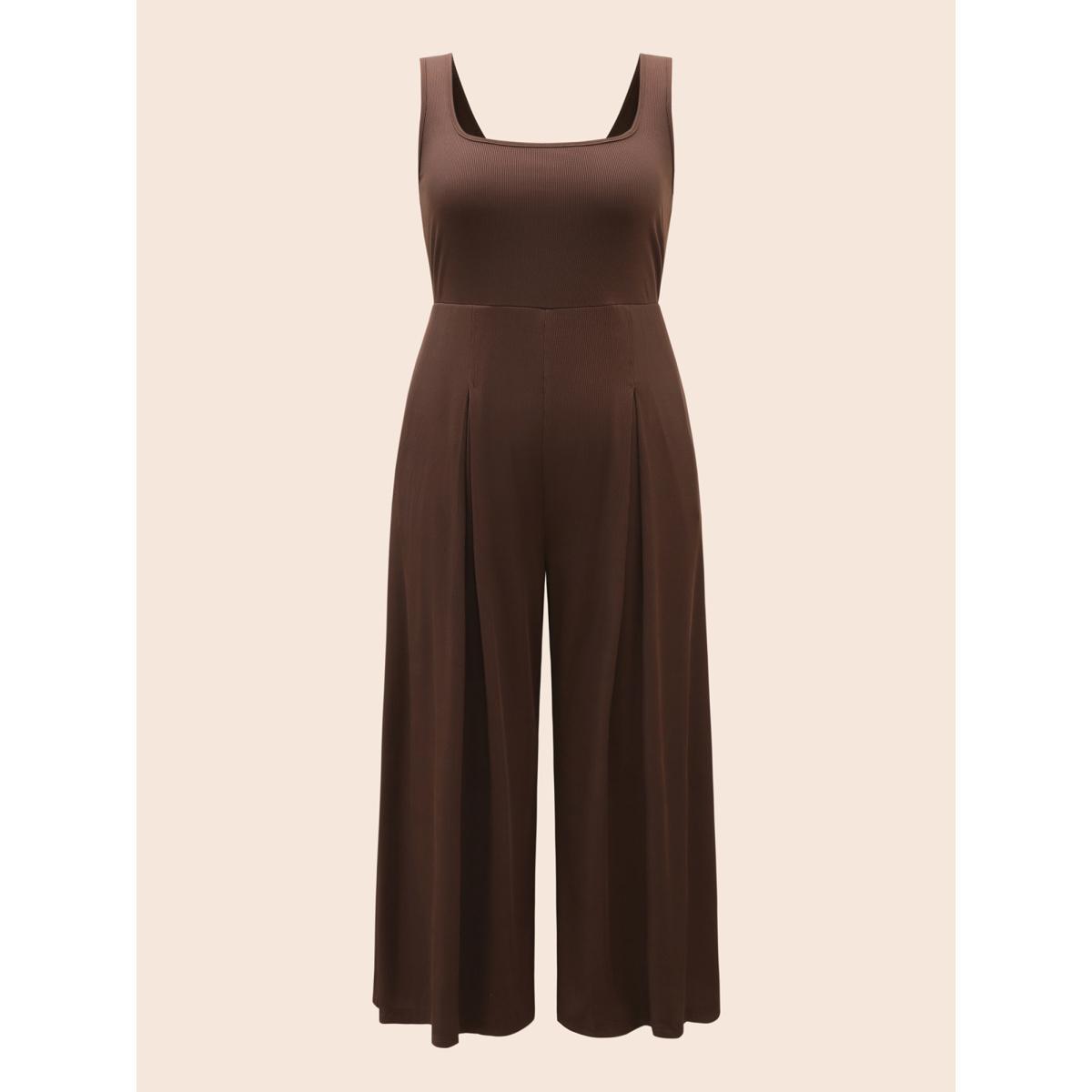 Plus Size Browncoffeecolor Rib Knit Plicated Detail Jumpsuit Women Elegant Sleeveless Square Neck Everyday Loose Jumpsuits BloomChic 28/5X Product Image