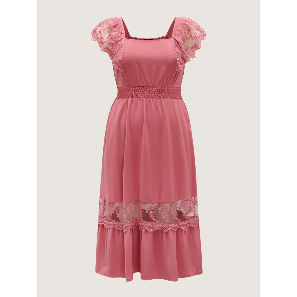 Plus Size Lace Trim Shirred Waist Midi Dress Beanpastepowder Women Square Neck Sleeveless Curvy BloomChic 12/L Product Image