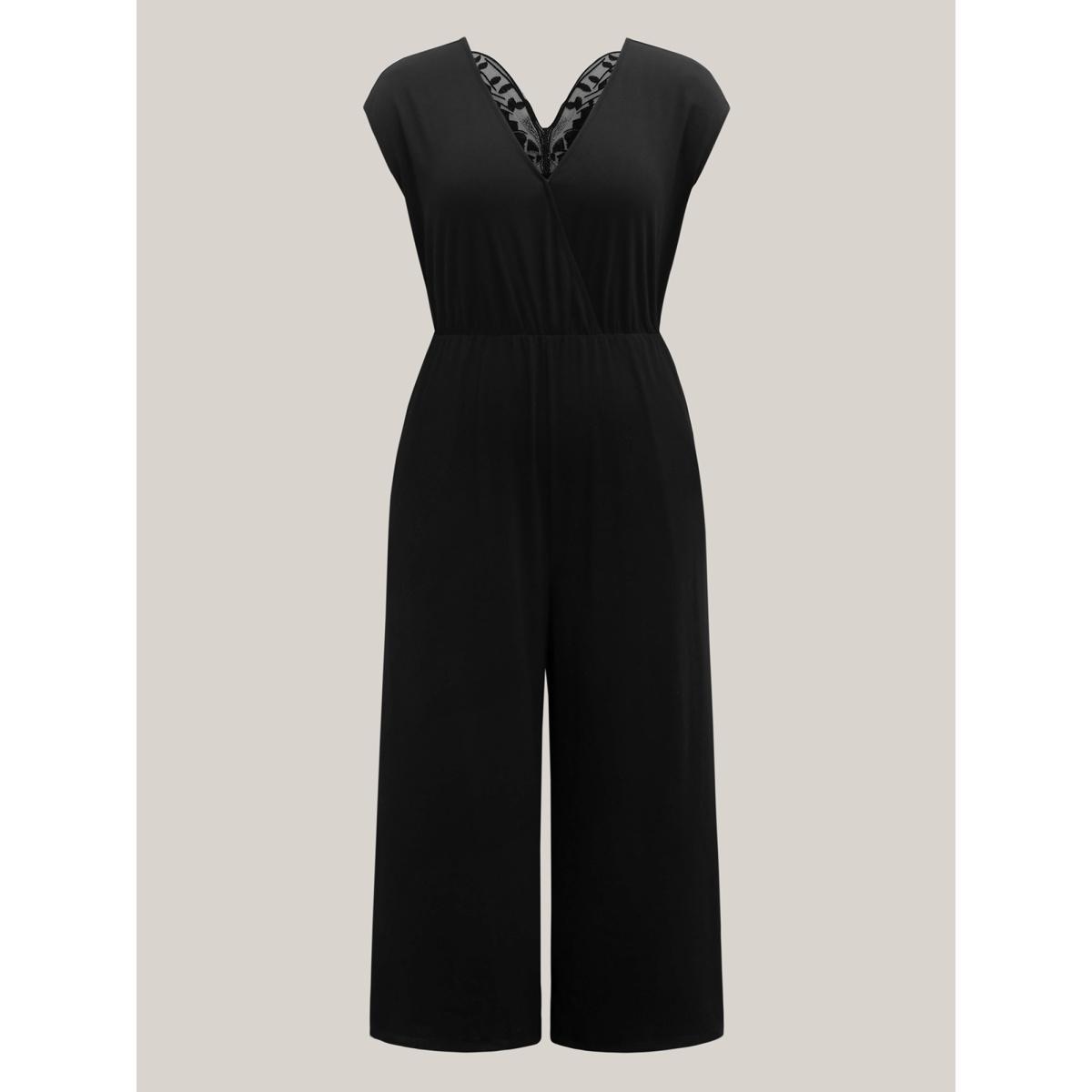 Plus Size Black Supersoft Butterfly Backless Stretchy Wide-Leg Jumpsuit Women Cap Sleeve Overlap Collar Everyday-Casual Loose Jumpsuits BloomChic 12/L Product Image